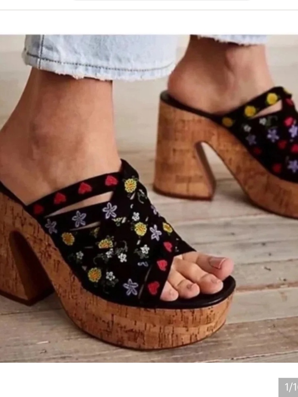 Free People Black Floral Embroidered Cork Platform bohemian embroidered